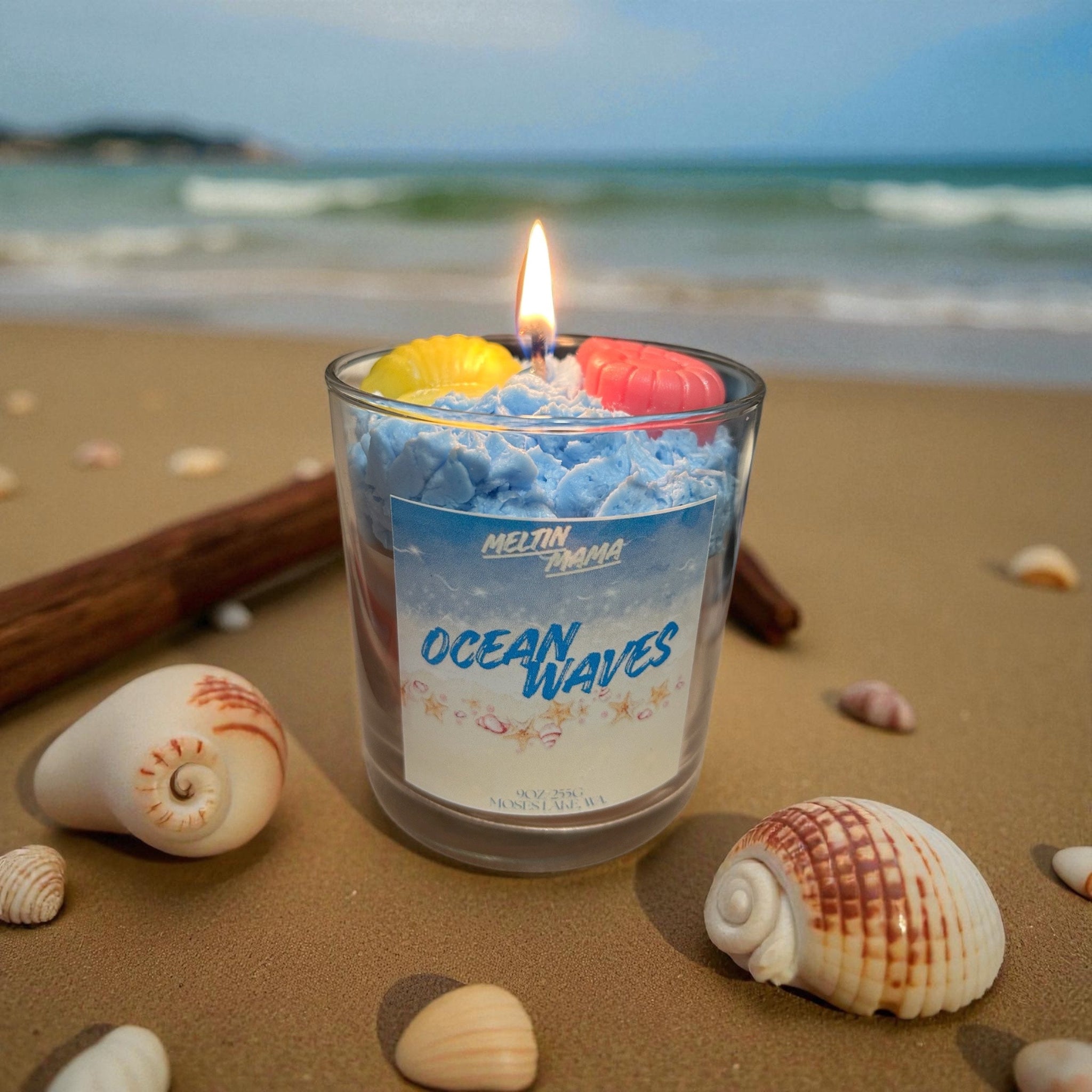 Immerse yourself in the serene embrace of OCEAN WAVES — a scent that captures the warmth of sunlit shores and the soothing rhythm of the sea. Bright lemon zest and fresh sea ozone awaken your senses like a gentle ocean breeze, while soft lily and jasmine bloom at the heart, evoking the elegance of seaside gardens. Anchored by cedarwood, coastal musk, and a touch of dark amber, this candle wraps your space in a warm, grounding calm. Light it and drift away to a place where ocean air meets golden sunlight 